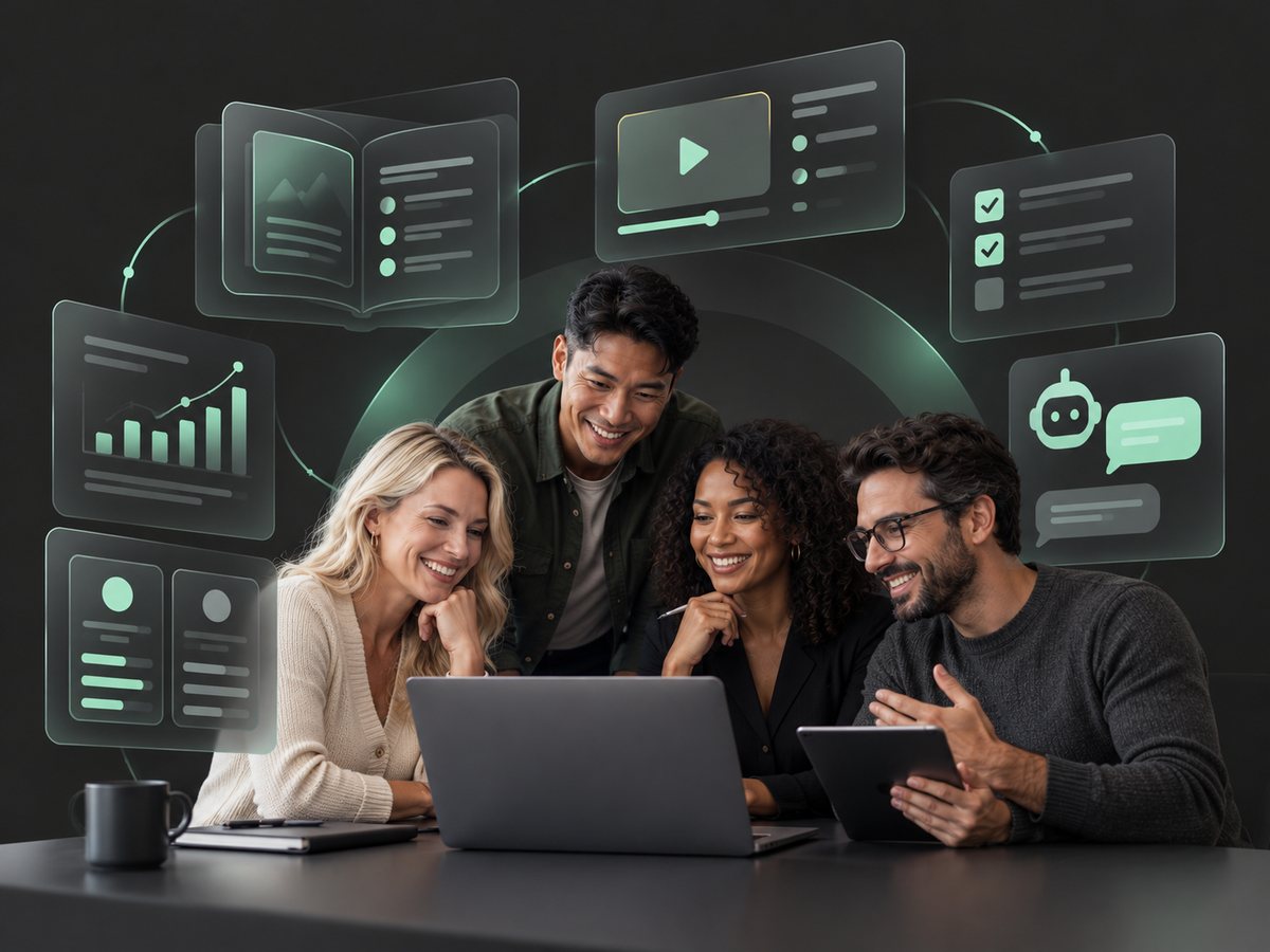 A team gathers around a laptop, surrounded by panels showing reports, training, checklists and an AI assistant