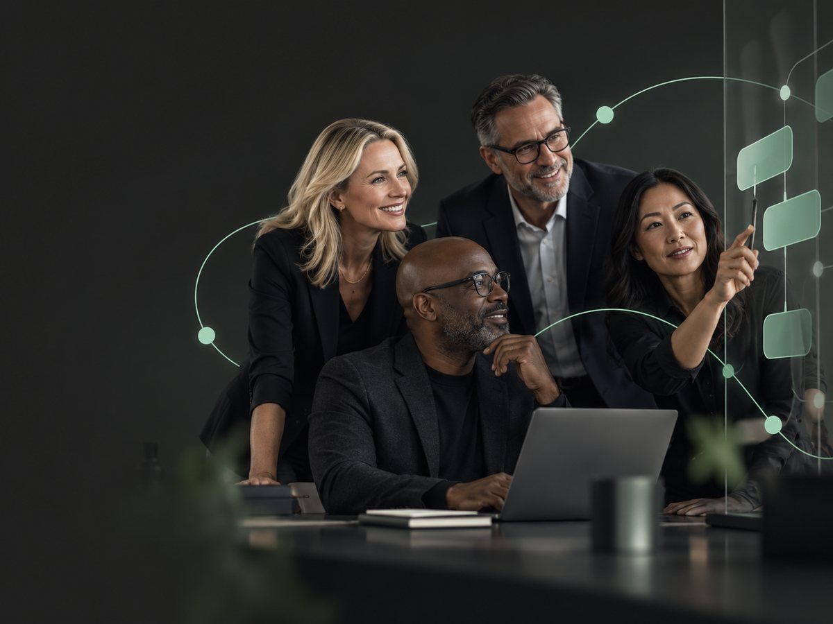 Four leaders review a connected workflow together, one pointing to the next step